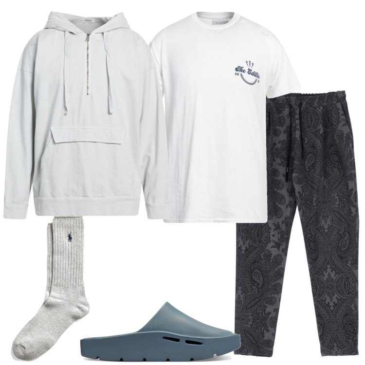 Outfit uomo - Fit 4 home. Stile Casual per Tutti i giorni. Abbinamento con felpe con cappuccio, t-shirt, pantaloni, calzini, pantofole.