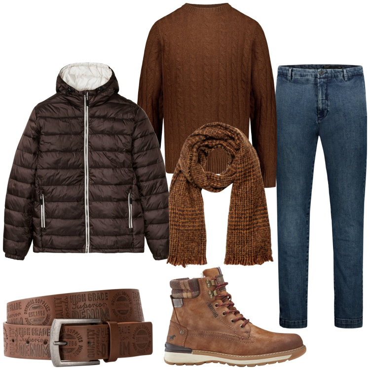 Outfit uomo - Total look #1816909. Stile Casual per Tutti i giorni. Abbinamento con cinture, stivali e stivaletti, giacche, sciarpe, maglieria, jeans.