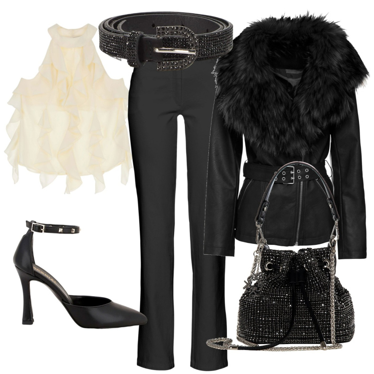 Outfit donna - San Valentino scintillante. Stile Casual chic per Serata fuori. Abbinamento con pantaloni, blazer, cinture, borse a secchiello, décolleté, top.