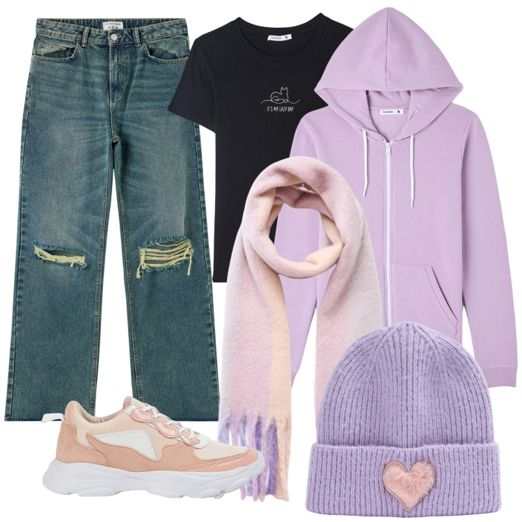Outfit donna - Pink Streetwear. Stile Urban per Tutti i giorni. Abbinamento con jeans strappati, felpe con cappuccio, sneakers, berretti, sciarpe, t-shirt.
