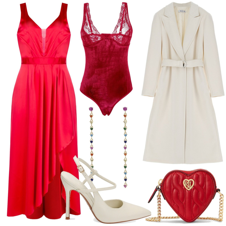Outfit donna - Rosso Passione. Stile Sexy per Serata fuori. Abbinamento con body, orecchini, vestiti asimmetrici, cappotti, décolleté, pochette.