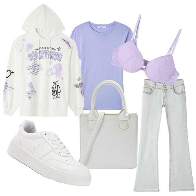 Outfit donna - Terranova streetwear. Stile Casual per Sport. Abbinamento con felpe con cappuccio, jeans a zampa, reggiseni, t-shirt, sneakers, shopping bag.