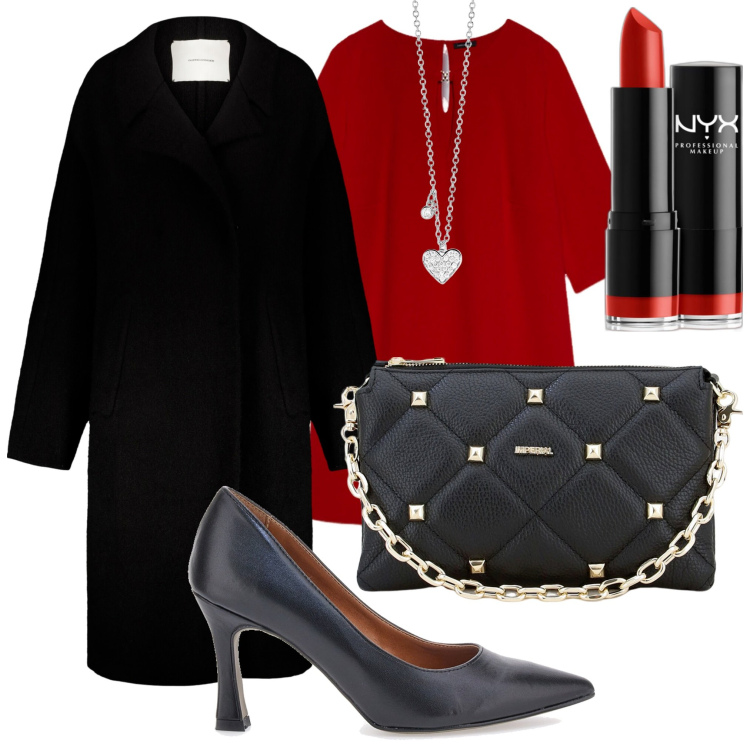 Outfit donna - Cena romantica. Stile Chic per Serata fuori. Abbinamento con rossetti, collane, pochette, cappotti, vestiti corti, décolleté.