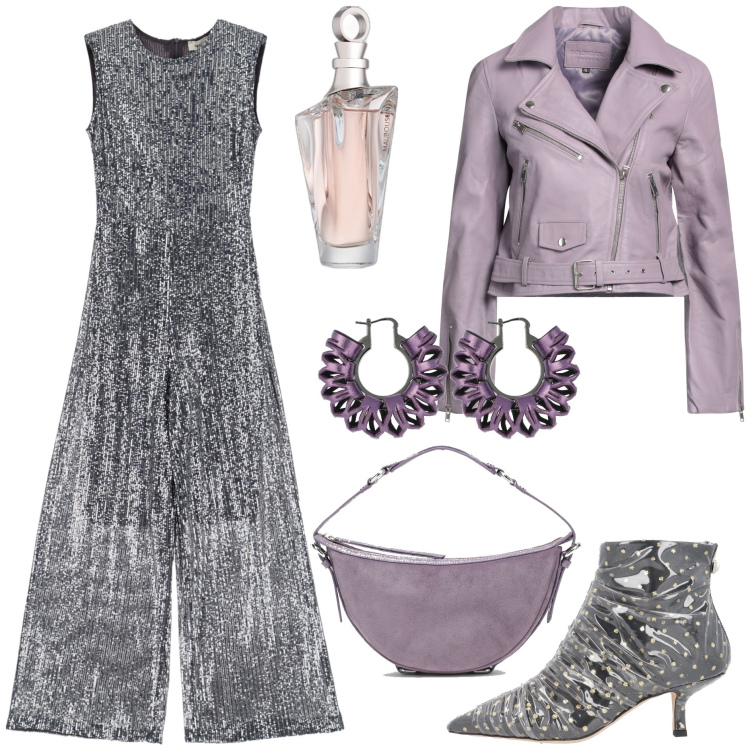 Outfit donna - La serata scintillante. Stile Trendy per Serata fuori. Abbinamento con blazer, stivaletti, profumi, tute, orecchini, borse a spalla.