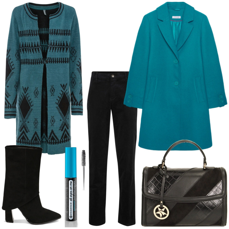 Outfit donna - Trendy e morbida. Stile Trendy per Tutti i giorni. Abbinamento con cardigans, pantaloni, mascara, stivaletti, borse a mano, cappotti.