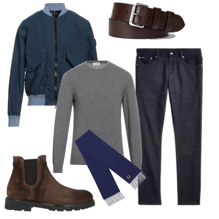 Outfit uomo - Inverno. Stile Casual per Tutti i giorni. Abbinamento con pullovers, stivali e stivaletti, giacche, jeans, cinture, sciarpe.