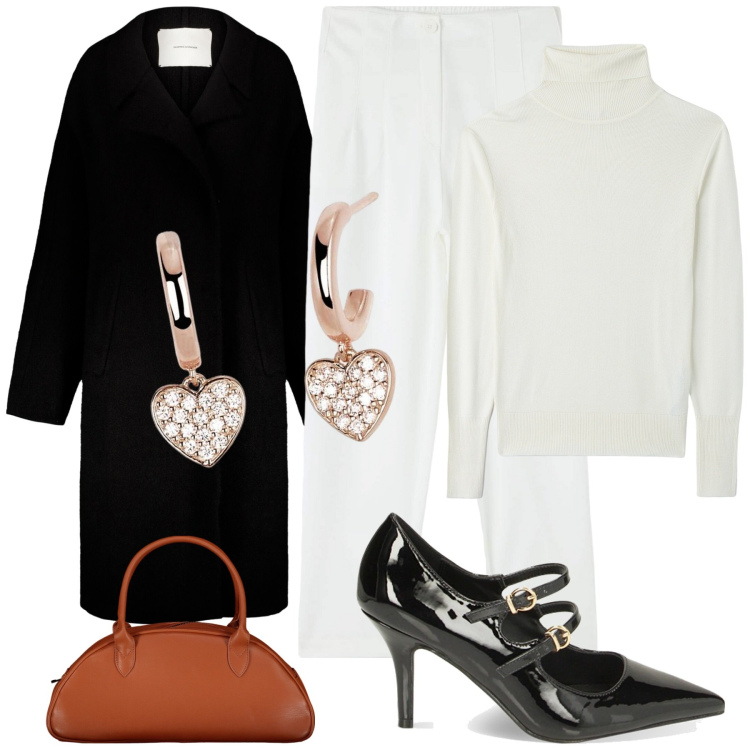 Outfit donna - San Valentino al cinema. Stile Casual chic per Serata fuori. Abbinamento con pantaloni chino, maglieria, orecchini, décolleté, cappotti, borse a spalla.