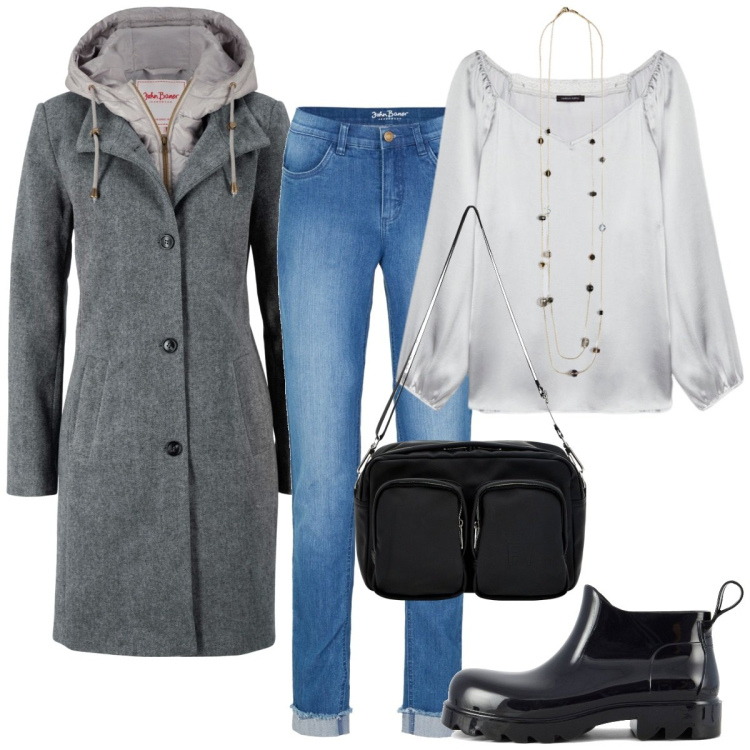 Outfit donna - Il cappotto effetto 2 in 1. Stile Casual per Ufficio. Abbinamento con cappotti, jeans slim fit, borse a tracolla, bluse, collane, stivali.
