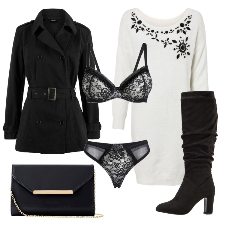 Outfit donna - La lingerie perfetta. Stile Sexy per Serata fuori. Abbinamento con trench, vestiti, reggiseni, stivali sopra il ginocchio, pochette.