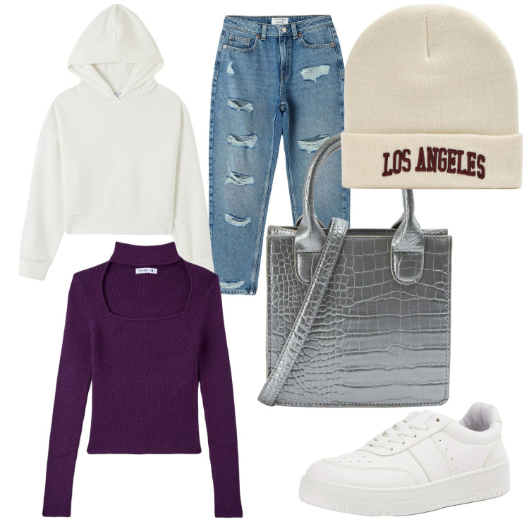 Outfit donna - Los Angeles mood. Stile Casual per Scuola/Università. Abbinamento con jeans mom, maglieria, sneakers, shopping bag, felpe con cappuccio, berretti.