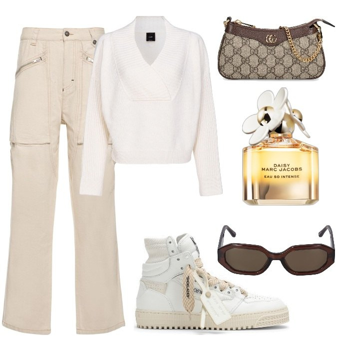 Outfit donna - Total look #1816990. Stile Trendy per Tutti i giorni. Abbinamento con profumi, pullovers, sneakers alte, borse a spalla, occhiali da sole, pantaloni.