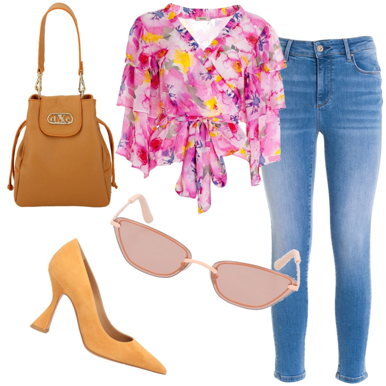 Outfit donna - Fru fru. Stile Casual chic per Tutti i giorni. Abbinamento con décolleté, bluse, jeans skinny, borse a secchiello, occhiali da sole.