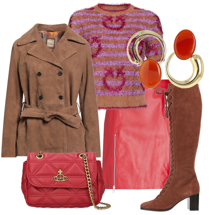 Outfit donna - Inverno. Stile Chic per Tutti i giorni. Abbinamento con minigonne, cappotti, stivali, maglieria, borse a spalla, orecchini.