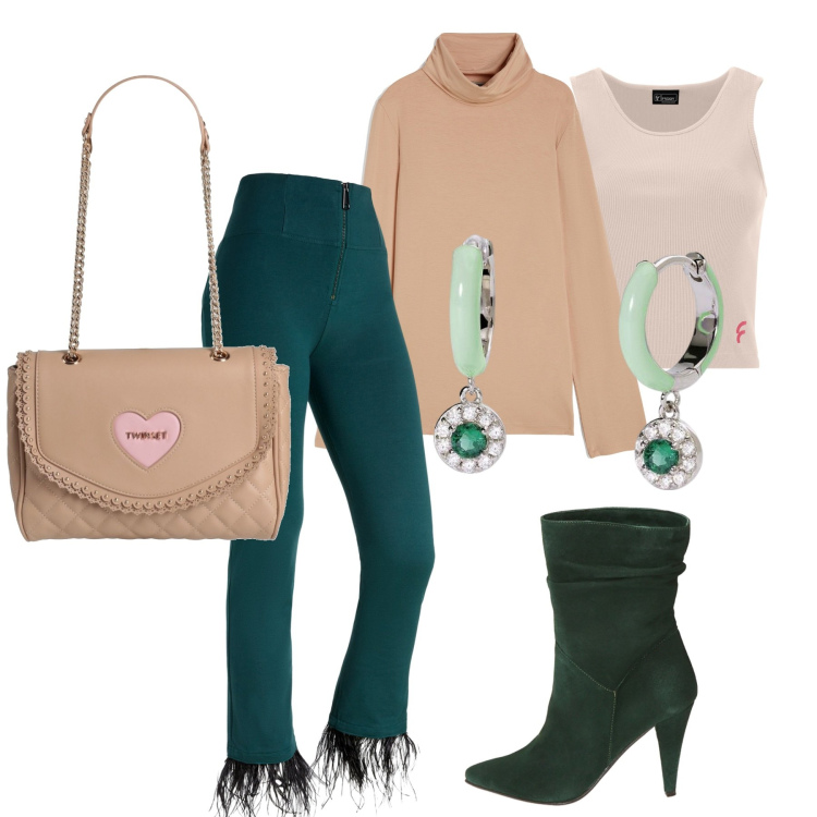 Outfit donna - Freddy lover. Stile Casual chic per Serata fuori. Abbinamento con borse a spalla, orecchini, pantaloni skinny, top, maglieria, stivaletti.
