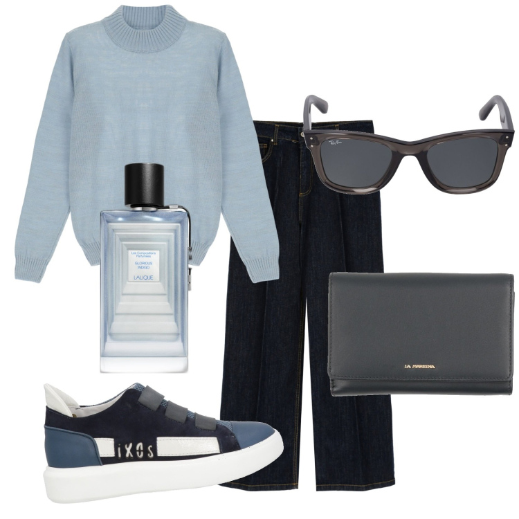 Outfit donna - Total look #1817036. Stile Urban per Tutti i giorni. Abbinamento con sneakers, portafogli, profumi, maglieria, jeans dritti, occhiali da sole.