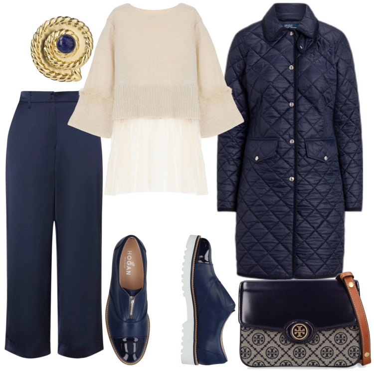 Outfit donna - Stile indiscusso, blu e bianco. Stile Chic per Serata fuori. Abbinamento con mocassini, cappotti, maglieria, orecchini, pantaloni, borse a spalla.