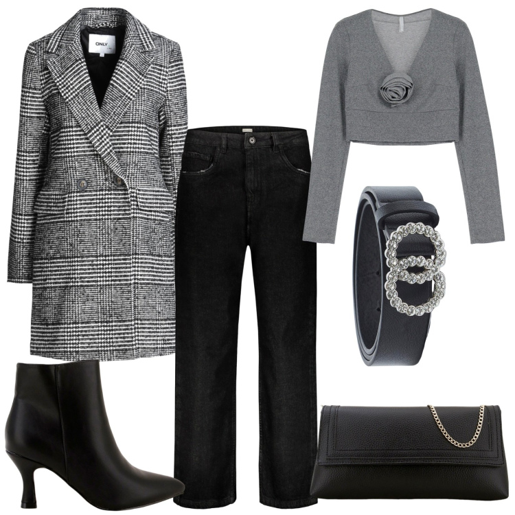 Outfit donna - Il cappotto principe di galles. Stile Casual chic per Serata fuori. Abbinamento con cappotti, maglieria, stivaletti, pochette, jeans, cinture.