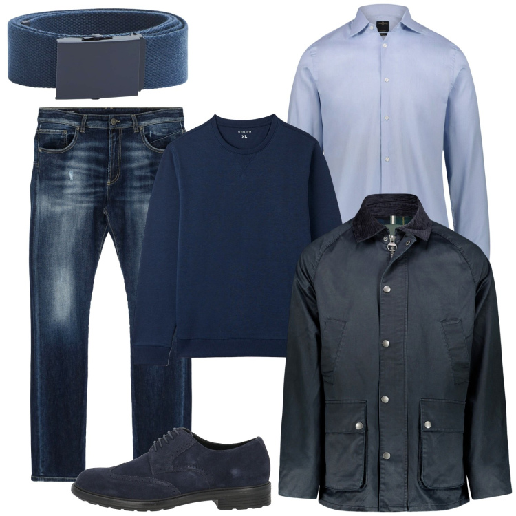 Outfit uomo - Blu in jeans e camicia. Stile Urban per Serata speciale. Abbinamento con jeans dritti, giacche, camicie, scarpe stringate, felpe, cinture.
