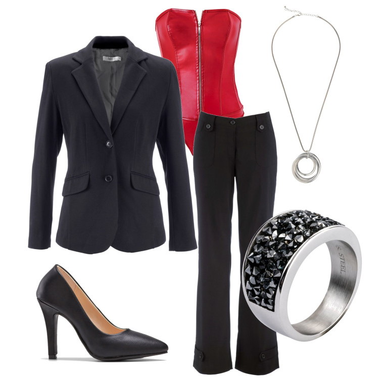 Outfit donna - Body rosso. Stile Chic per Serata fuori. Abbinamento con pantaloni, anelli, body, blazer, décolleté, collane.