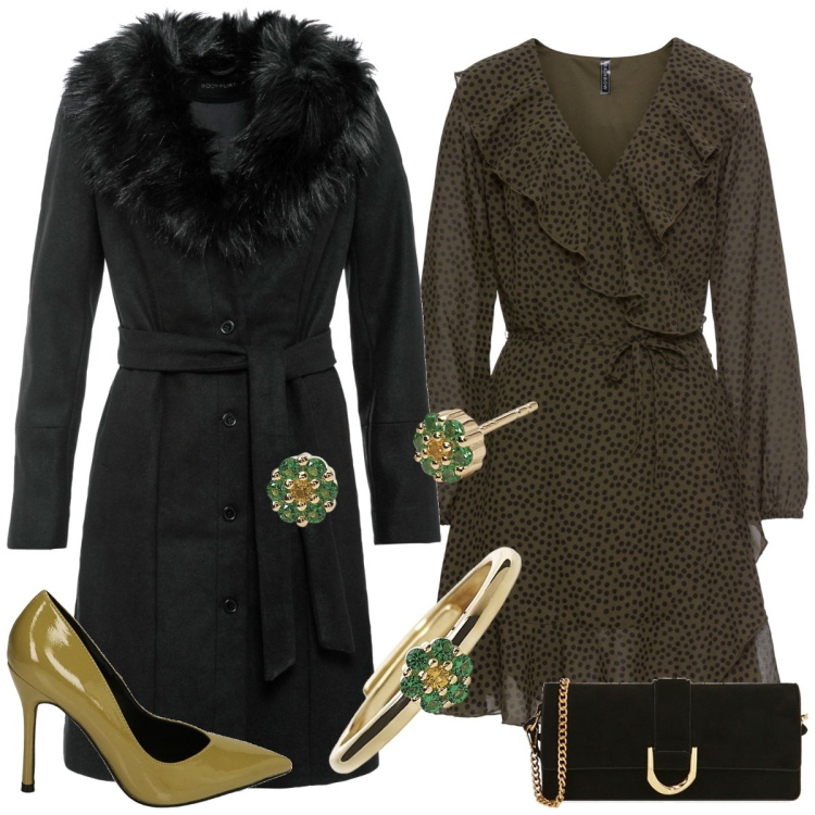 Outfit donna - Verde muschio. Stile Romantica per Tutti i giorni. Abbinamento con vestiti, cappotti, anelli, orecchini, pochette, décolleté.
