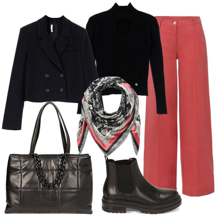 Outfit donna - Look per tutto il giorno. Stile Casual chic per Tutti i giorni. Abbinamento con pantaloni a palazzo, foulard, maglieria, cappotti, stivaletti chelsea, borse a spalla.