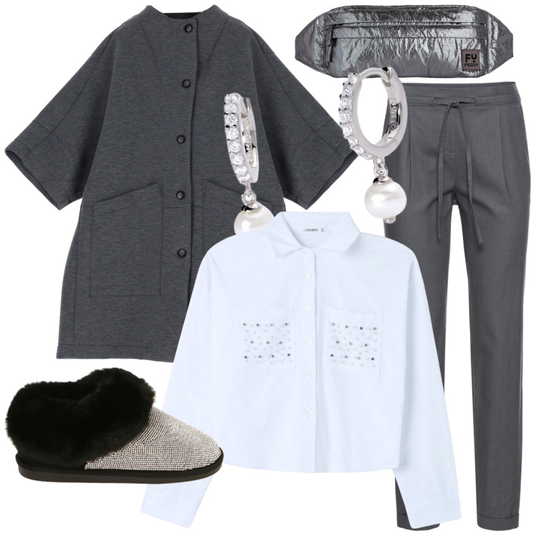 Outfit donna - Total look #1817094. Stile Casual chic per Tutti i giorni. Abbinamento con pantaloni, camicie, orecchini, cappotti, stivaletti, marsupi.