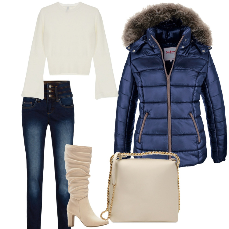 Outfit donna - Una giornata in città. Stile Casual per Scuola/Università. Abbinamento con piumini, jeans slim fit, stivali sopra il ginocchio, pullovers, borse a mano.