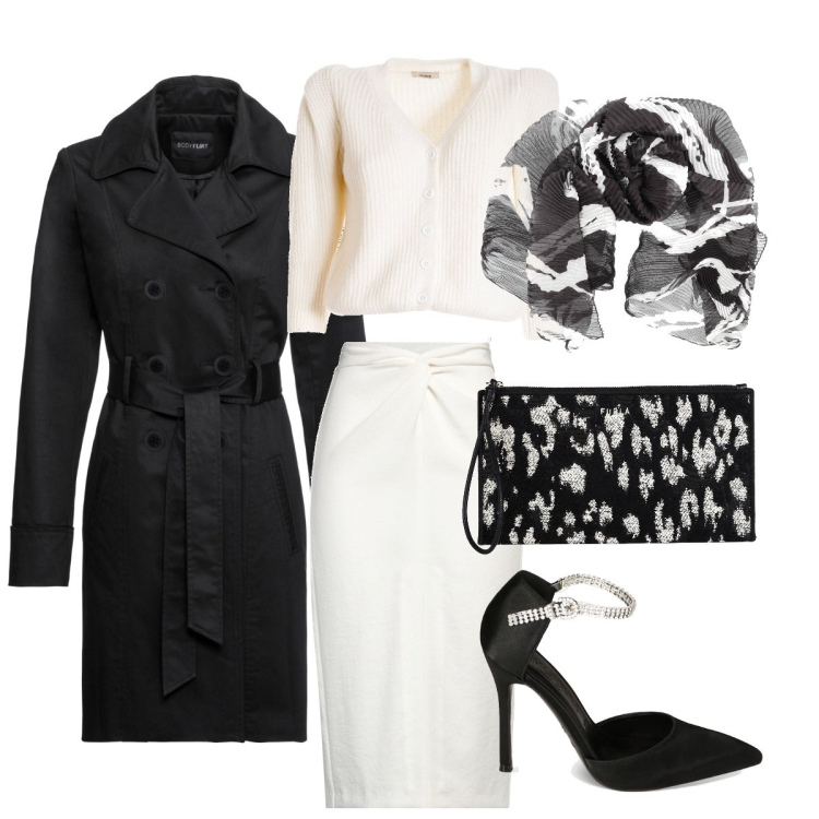 Outfit donna - Pranzo di lavoro. Stile Casual chic per Ufficio. Abbinamento con trench, gonne longuette, sciarpe, borse a mano, cardigans, décolleté.