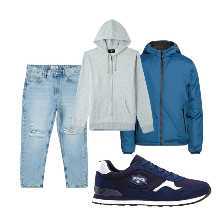 Outfit uomo - Total look #1817109. Stile Casual per Tutti i giorni. Abbinamento con sneakers, cappotti, jeans strappati, felpe con cappuccio.