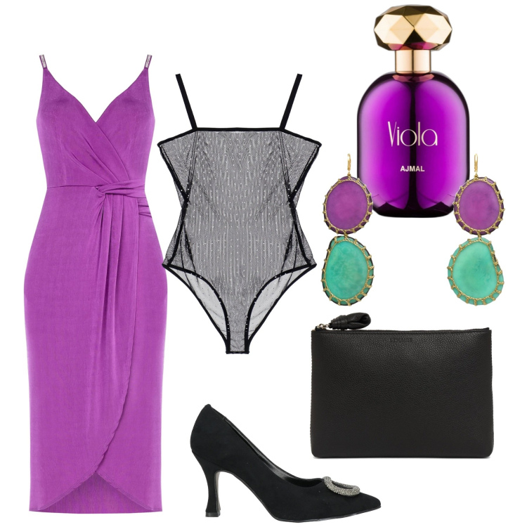 Outfit donna - Cena di San Valentino. Stile Sexy per Serata fuori. Abbinamento con orecchini, décolleté, profumi, body, vestiti, pochette.