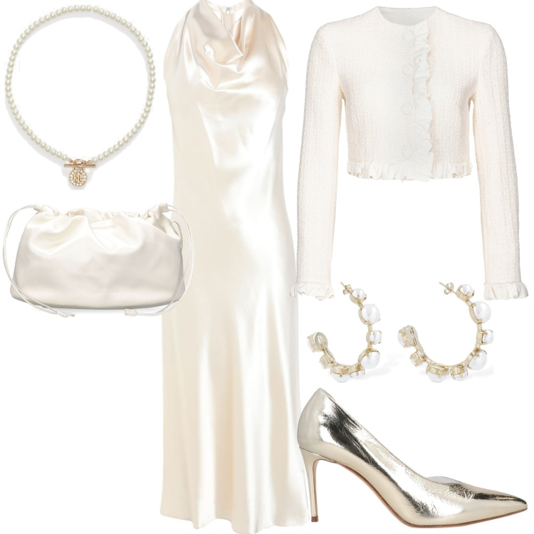 Outfit donna - Glamour avorio. Stile Glamour per Cerimonia. Abbinamento con vestiti midi/longuette, décolleté, blazer, ciondoli, orecchini, pochette.