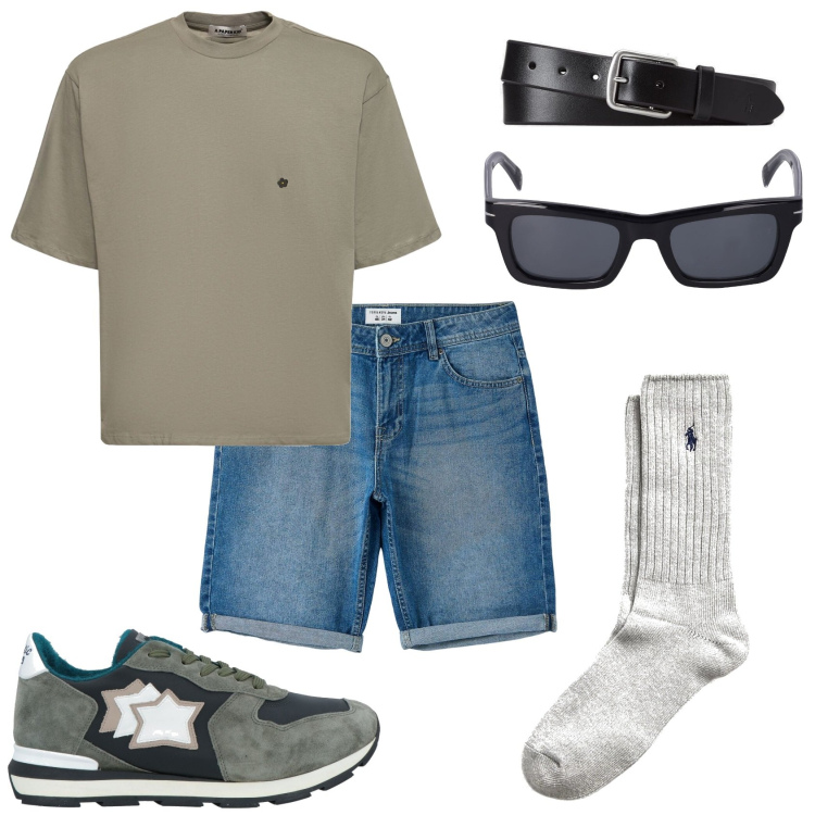 Outfit uomo - Bermuda e t-shirt. Stile Urban per Tutti i giorni. Abbinamento con sneakers, bermuda, calzini, cinture, occhiali da sole, t-shirt.