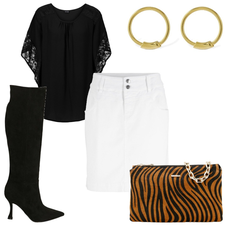 Outfit donna - Total look #1817166. Stile Trendy per Serata fuori. Abbinamento con bluse, minigonne, pochette, stivali, orecchini.
