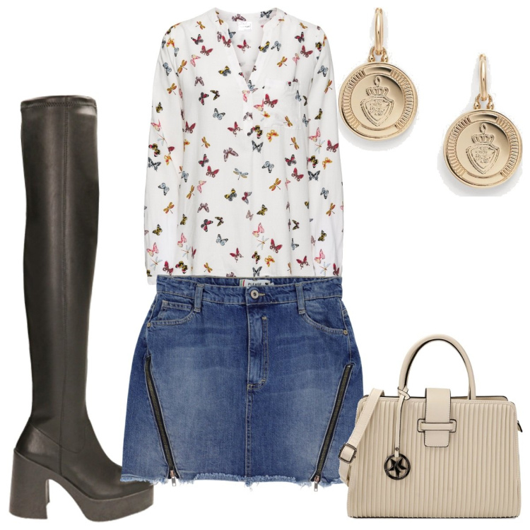 Outfit donna - Total look #1817167. Stile Trendy per Tutti i giorni. Abbinamento con bluse, minigonne, borse a mano, stivali, orecchini.