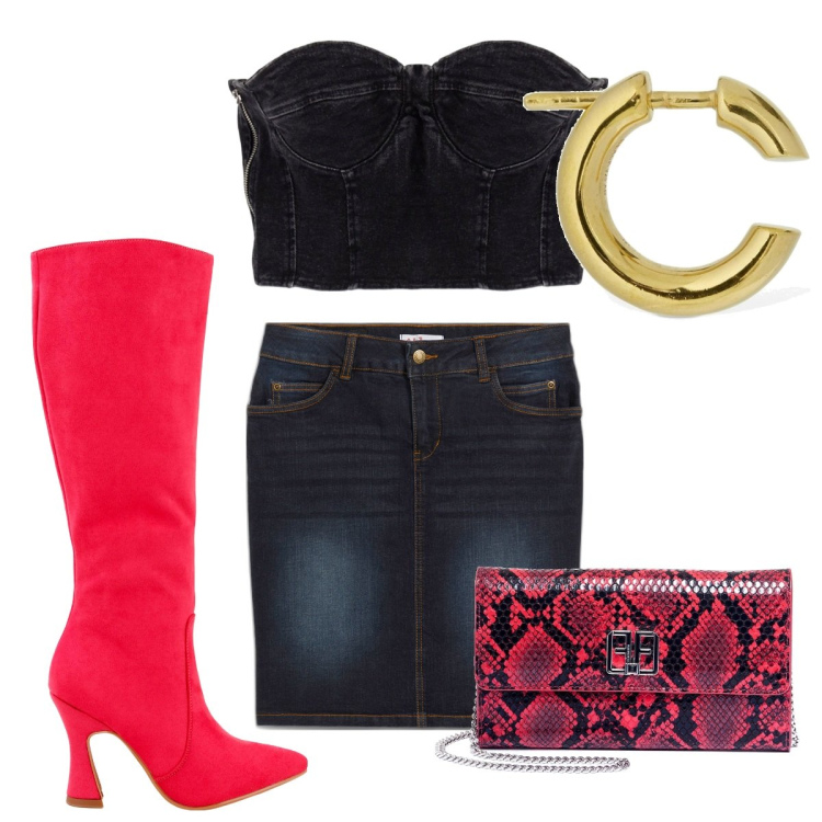 Outfit donna - Total look #1817168. Stile Trendy per Serata fuori. Abbinamento con gonne, top, pochette, stivali, orecchini.