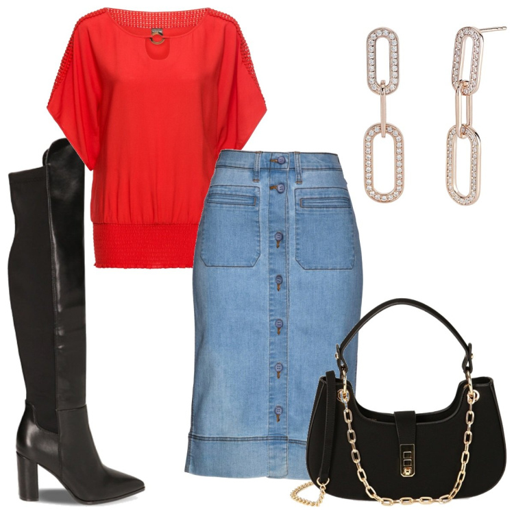 Outfit donna - Total look #1817171. Stile Trendy per Tutti i giorni. Abbinamento con gonne, bluse, orecchini, borse a spalla, stivali.