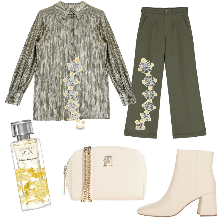 Outfit donna - Effetto metallizzato. Stile Glamour per Tutti i giorni. Abbinamento con stivaletti, borse a tracolla, orecchini, profumi, pantaloni a palazzo, camicie.