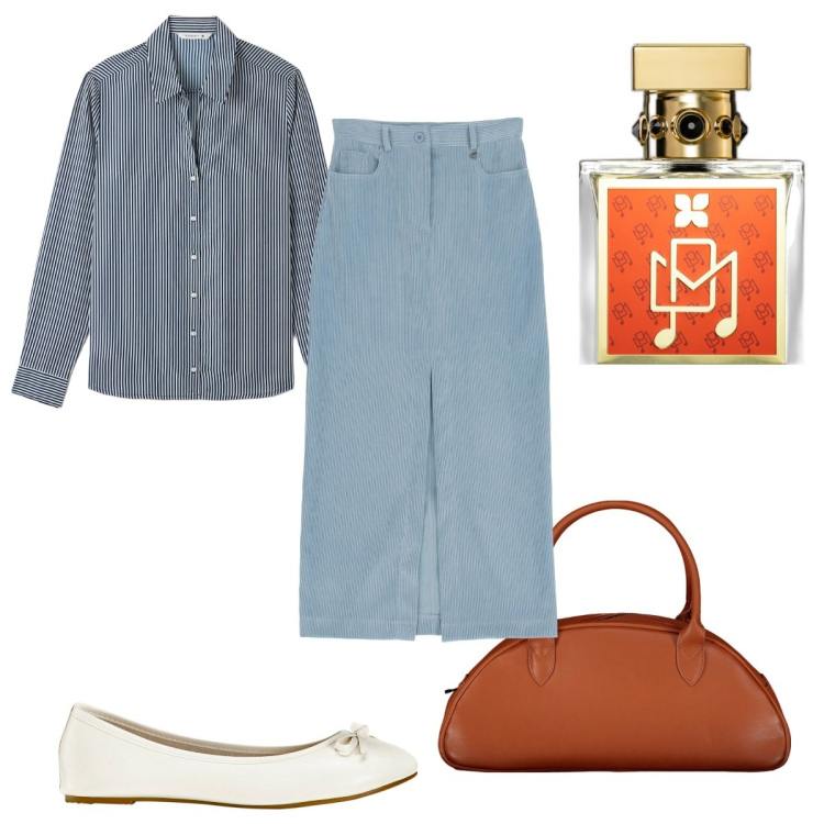 Outfit donna - Total look #1817174. Stile Trendy per Tutti i giorni. Abbinamento con ballerine, profumi, camicie, gonne lunghe, borse a spalla.