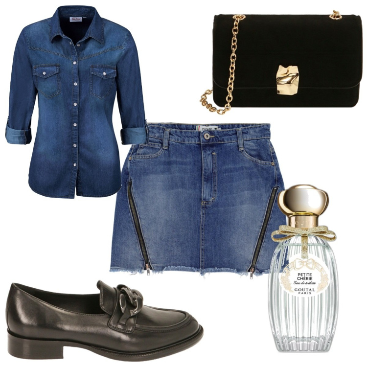Outfit donna - Total look #1817176. Stile Trendy per Tutti i giorni. Abbinamento con camicie, profumi, minigonne, mocassini, borse a tracolla.