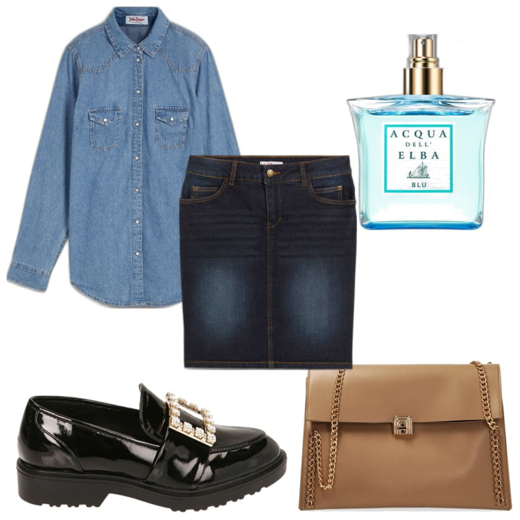 Outfit donna - Total look #1817177. Stile Trendy per Tutti i giorni. Abbinamento con camicie, gonne, profumi, mocassini, borse a spalla.