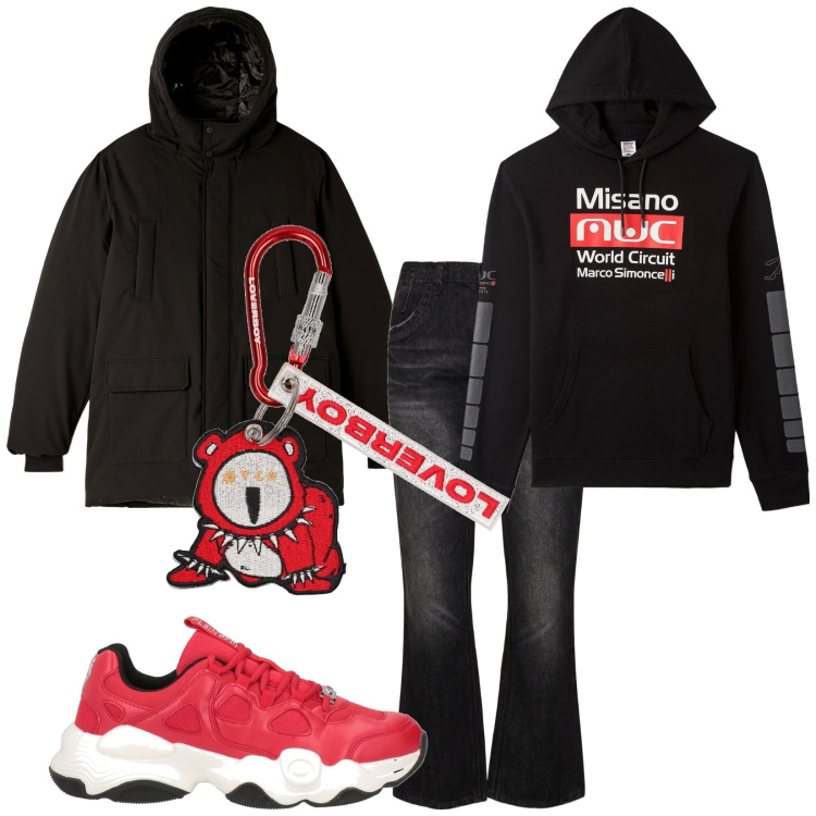 Outfit uomo - Total look #1817183. Stile Biker Rock per Tutti i giorni. Abbinamento con sneakers, felpe con cappuccio, parka, portachiavi, jeans skinny.