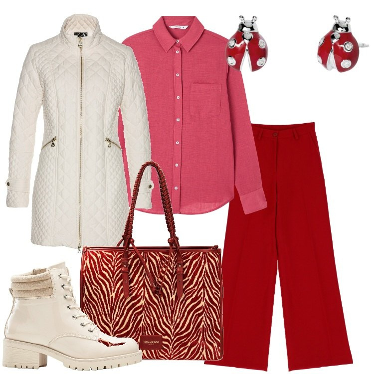 Outfit donna - Piccoli e preziosi. Stile Basic per Tutti i giorni. Abbinamento con blazer, stivaletti, camicie, orecchini, pantaloni a palazzo, borse a spalla.