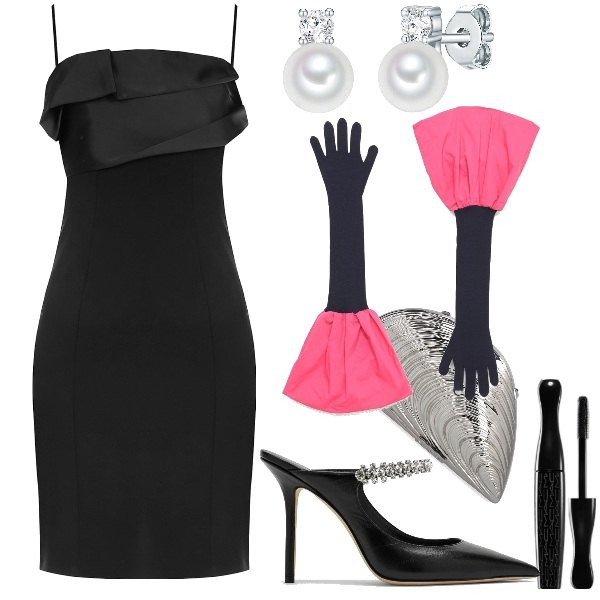 Outfit donna - Total look #1817193. Stile Glamour per Cerimonia. Abbinamento con orecchini, mascara, vestiti a tubino, pochette, guanti, sabot.
