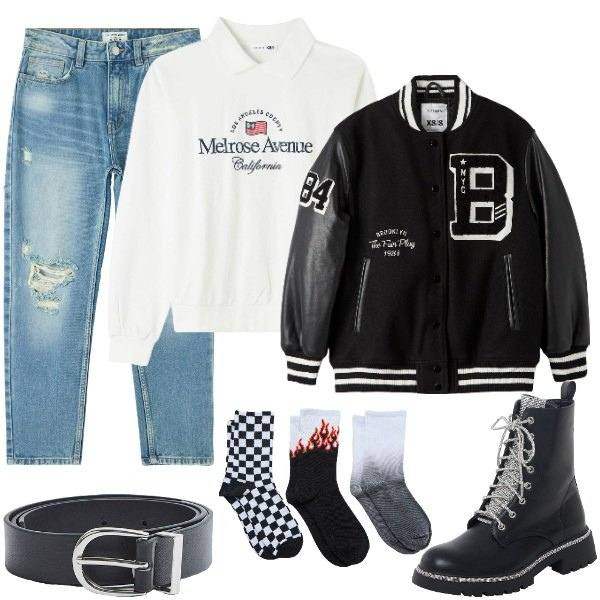 Outfit donna - Total look #1817215. Stile Rock per Scuola/Università. Abbinamento con jeans mom, bomber, calzini, anfibi, cinture, felpe.