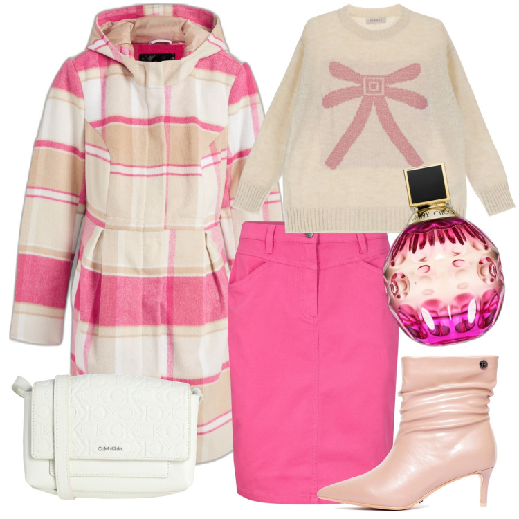 Outfit donna - Rosa. Stile Casual per Tutti i giorni. Abbinamento con gonne, blazer, borse a tracolla, profumi, stivaletti, pullovers.