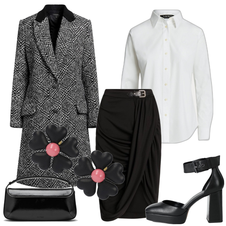 Outfit donna - Total look #1817234. Stile Chic per Serata fuori. Abbinamento con cappotti, décolleté, camicie, gonne, orecchini, borse a spalla.