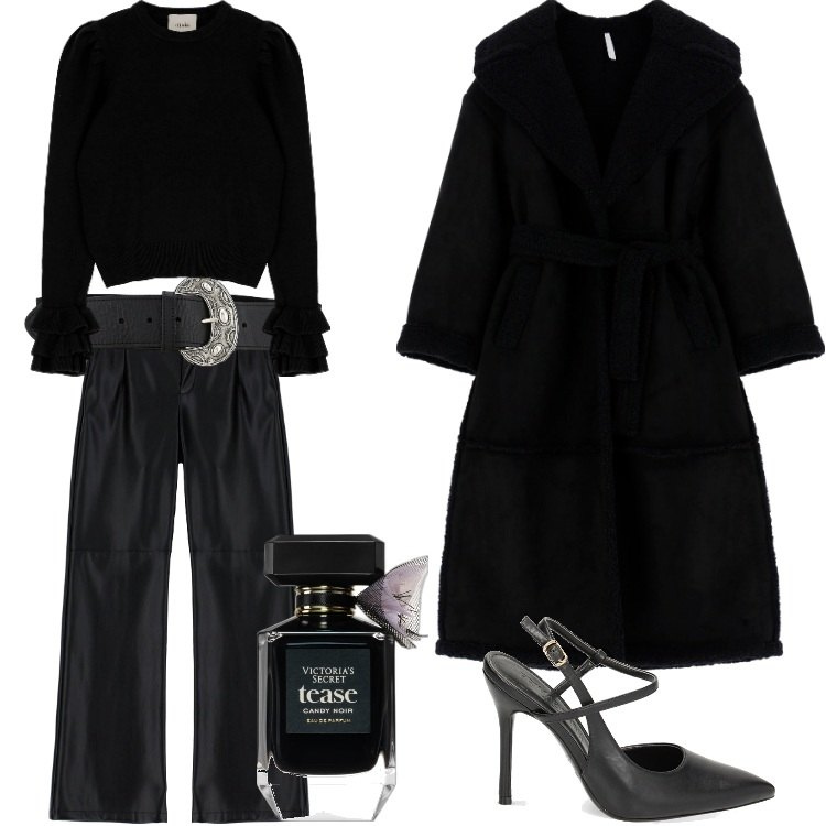 Outfit donna - Oversize per la sera-Febbraio. Stile Chic per Serata fuori. Abbinamento con profumi, cappotti, pantaloni a palazzo, décolleté, cinture, pullovers.