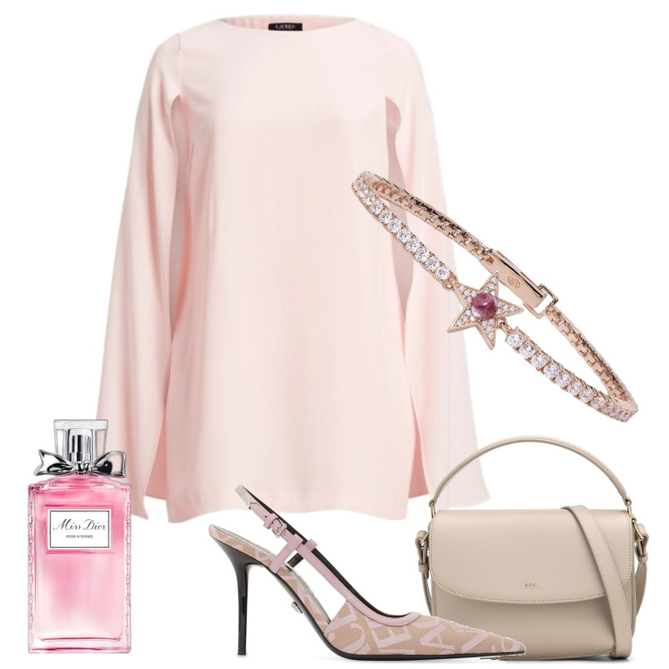 Outfit donna - Abito con mantello. Stile Chic per Serata fuori. Abbinamento con profumi, braccialetti, vestiti, décolleté, borse a tracolla.