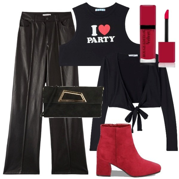Outfit donna - Serata S. Valentino. Stile Trendy per Serata fuori. Abbinamento con rossetti, canottiere, pantaloni, blazer, pochette, stivaletti.