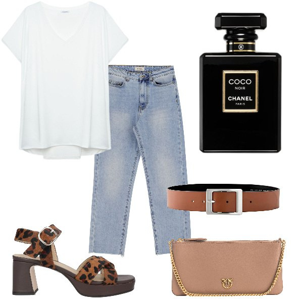 Outfit donna - Total look #1817290. Abbinamento con cinture, sandali in pelle, profumi, borse a tracolla, jeans dritti, t-shirt.